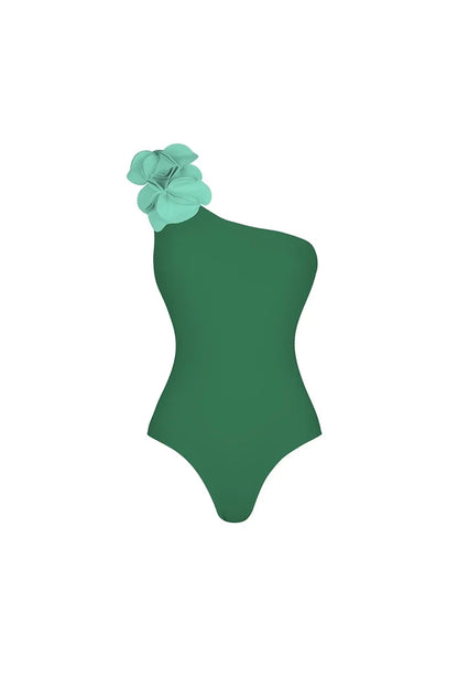 Traje de baño floral 3D de un solo hombro verde