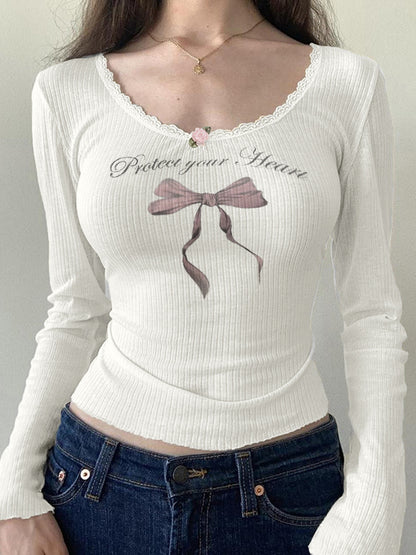 Bow Print Lace Trim Long Sleeve Knit