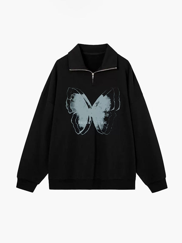 Butterfly Print Half Zipper Lapel Neck Sweatshirt