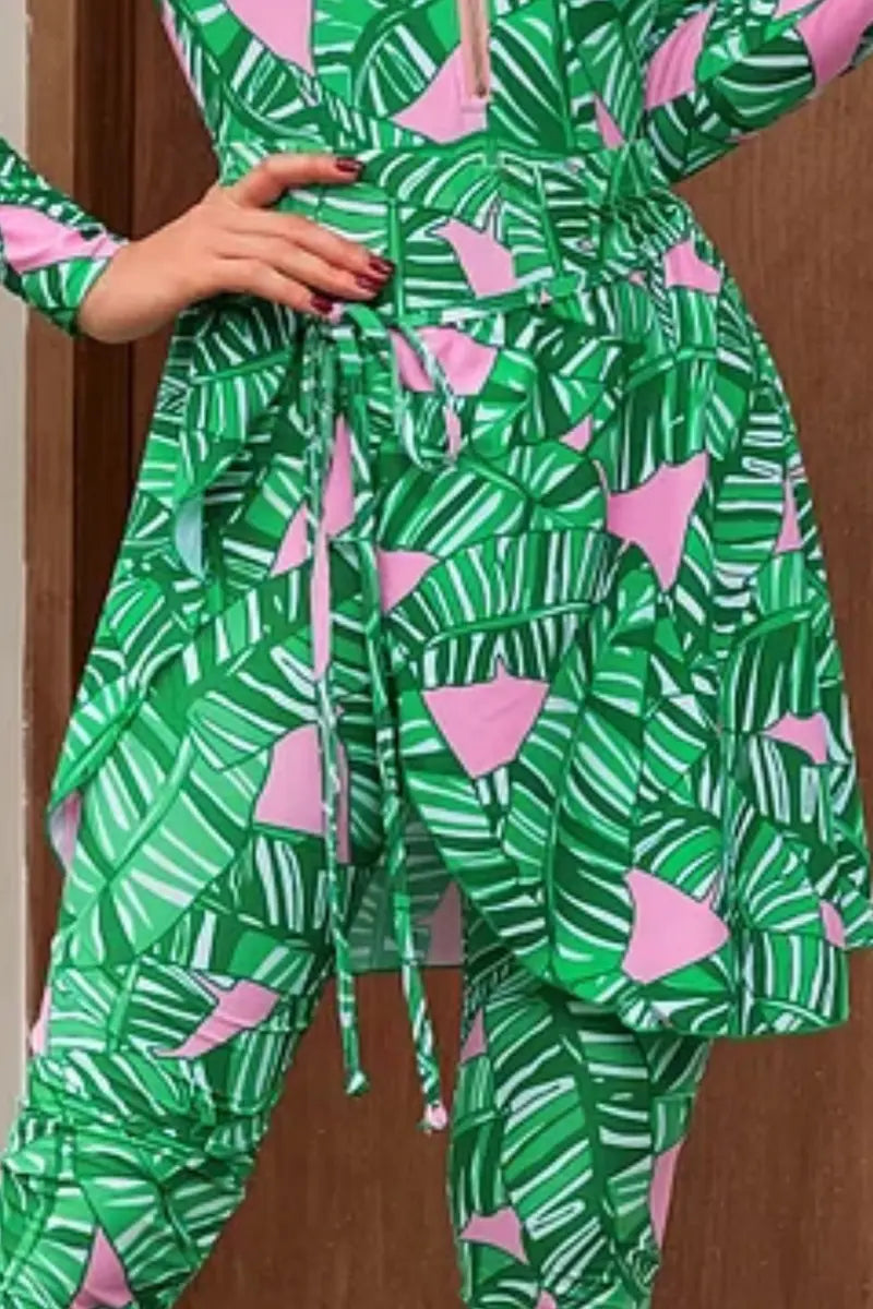 Traje de baño de surf estampado de manga larga con cremallera verde