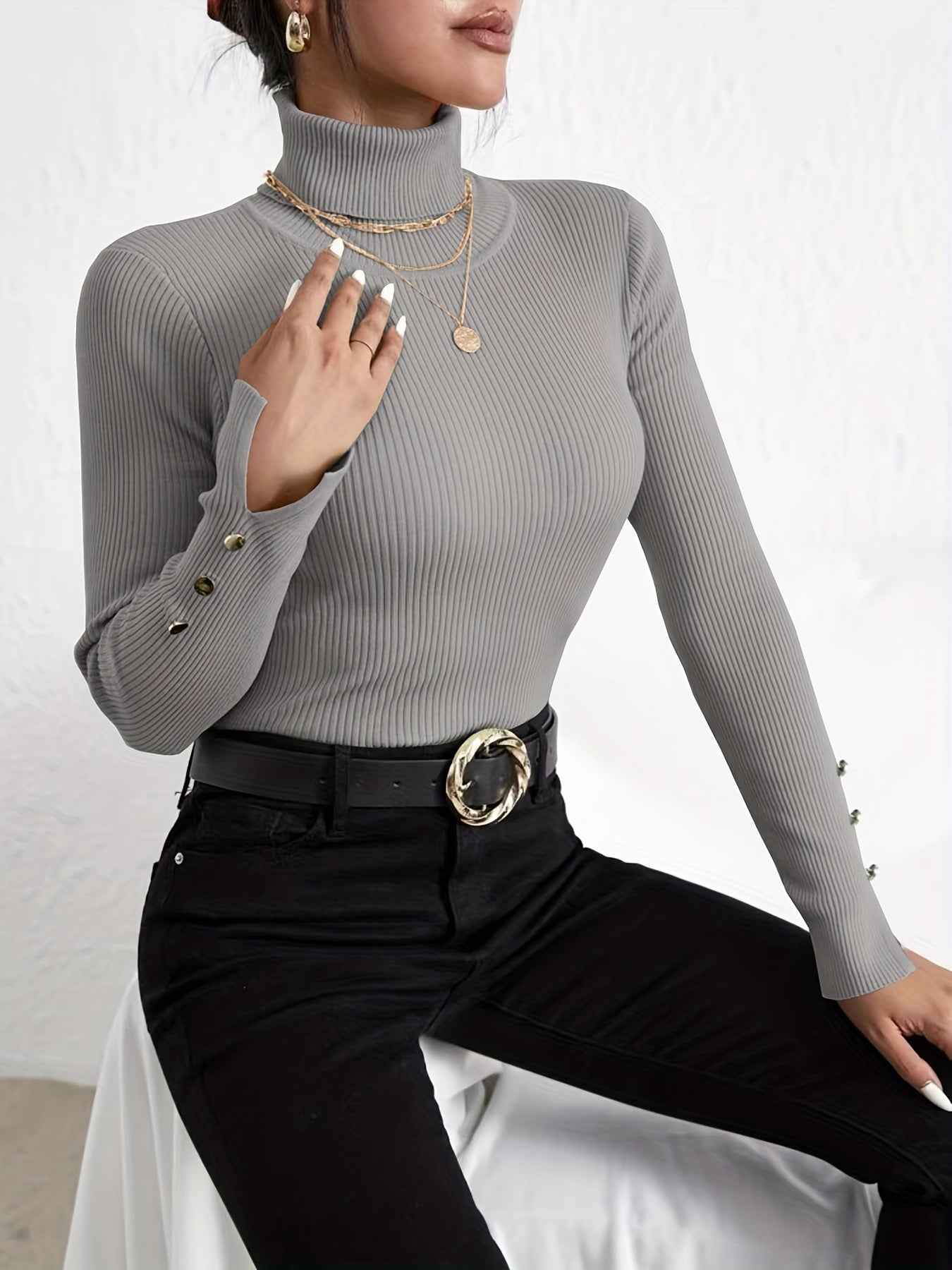 Suéter moderno de cuello alto ajustado en color liso con botones para mujer | Ideal para otoño/invierno