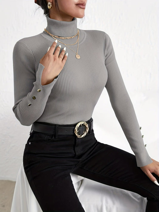 Suéter moderno de cuello alto ajustado en color liso con botones para mujer | Ideal para otoño/invierno
