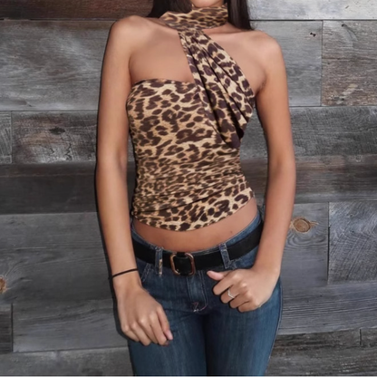 Halter leopard print ruched irregular top  | Festival Outfits Women  | Cheetah Print Top