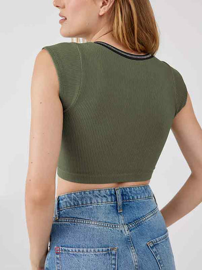 Ribbed Stitch V Neck Crop Short Sleeve Knit