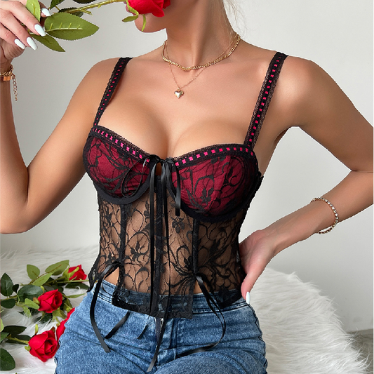 Lace v neck ribbon self tie backless cami top  | Festival Outfits Women