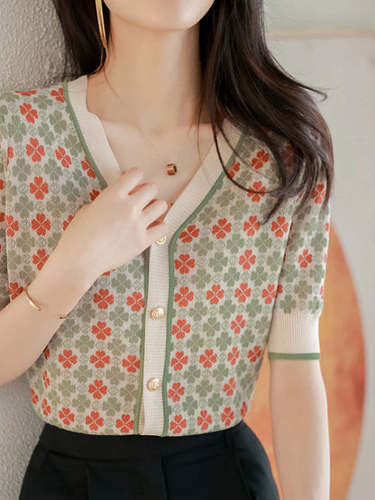 Sophia Vintage V-neck Printed Jacquard Cardigan