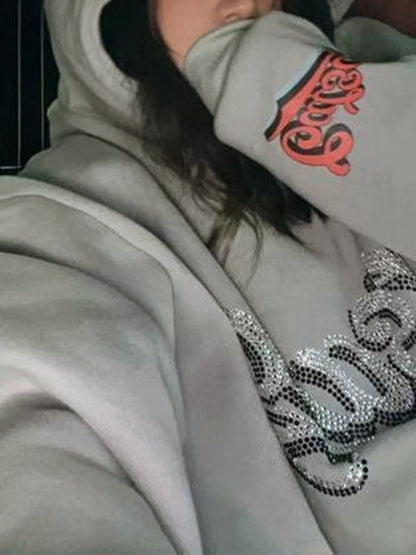 Rhinestone Print Fleece Couple Style Oversized Hoodie
