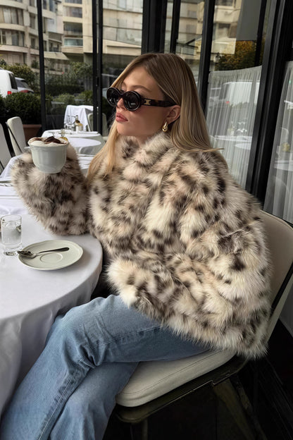 Leopard Print Faux Fur Collar Coat