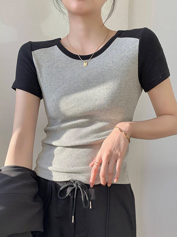 Contrast Color Stitching Crewneck Short Sleeve Knits