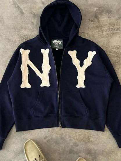 Embroidered Zip Up Cardigan Loose Hoodie