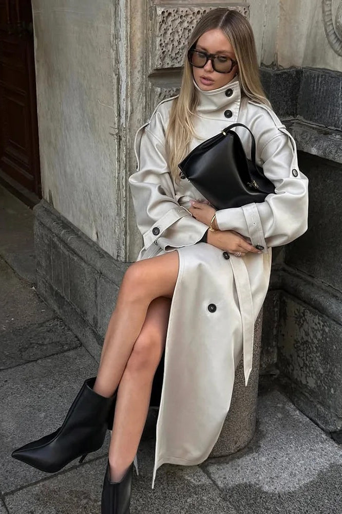 Beige Double-breasted Lapel Belted Trench Coat