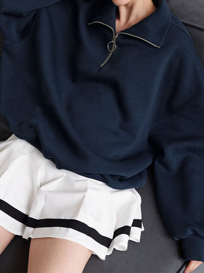 Solid Lapel Neck Half Zip Sweatshirt