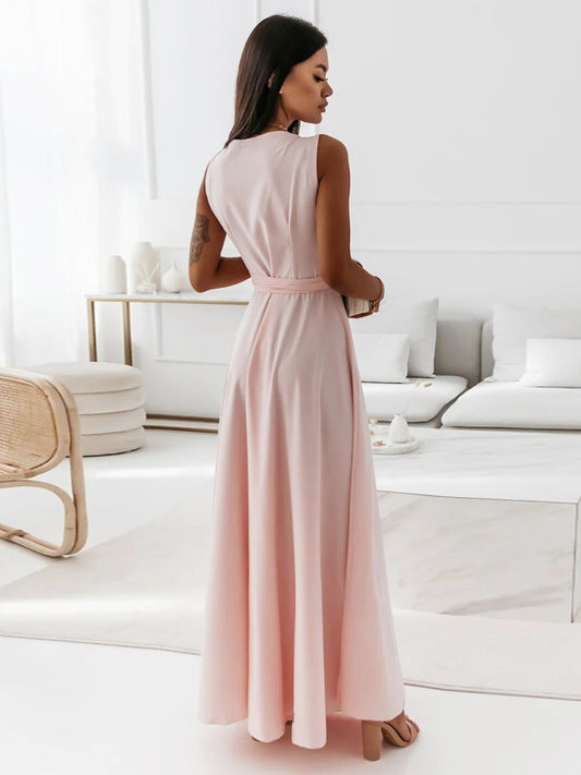Soft Pink V-Neck Dresses Lace Up Sleeveless Layered Prom Maxi Dress 2026