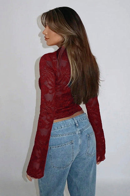 V-Neck Lace Long Sleeve Crop Top