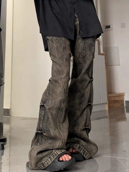Wasteland Style Washed Pleats Slightly Flared Flare Jeans