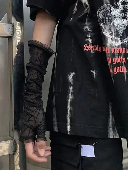 Lace Mesh Spider Web Fingerless Gloves