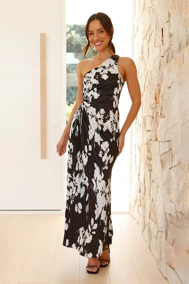 Vestido largo Laken - Floral blanco y negro