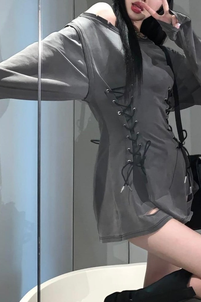 Strappy Asymmetric Shoulder Hoodie Mini Dress