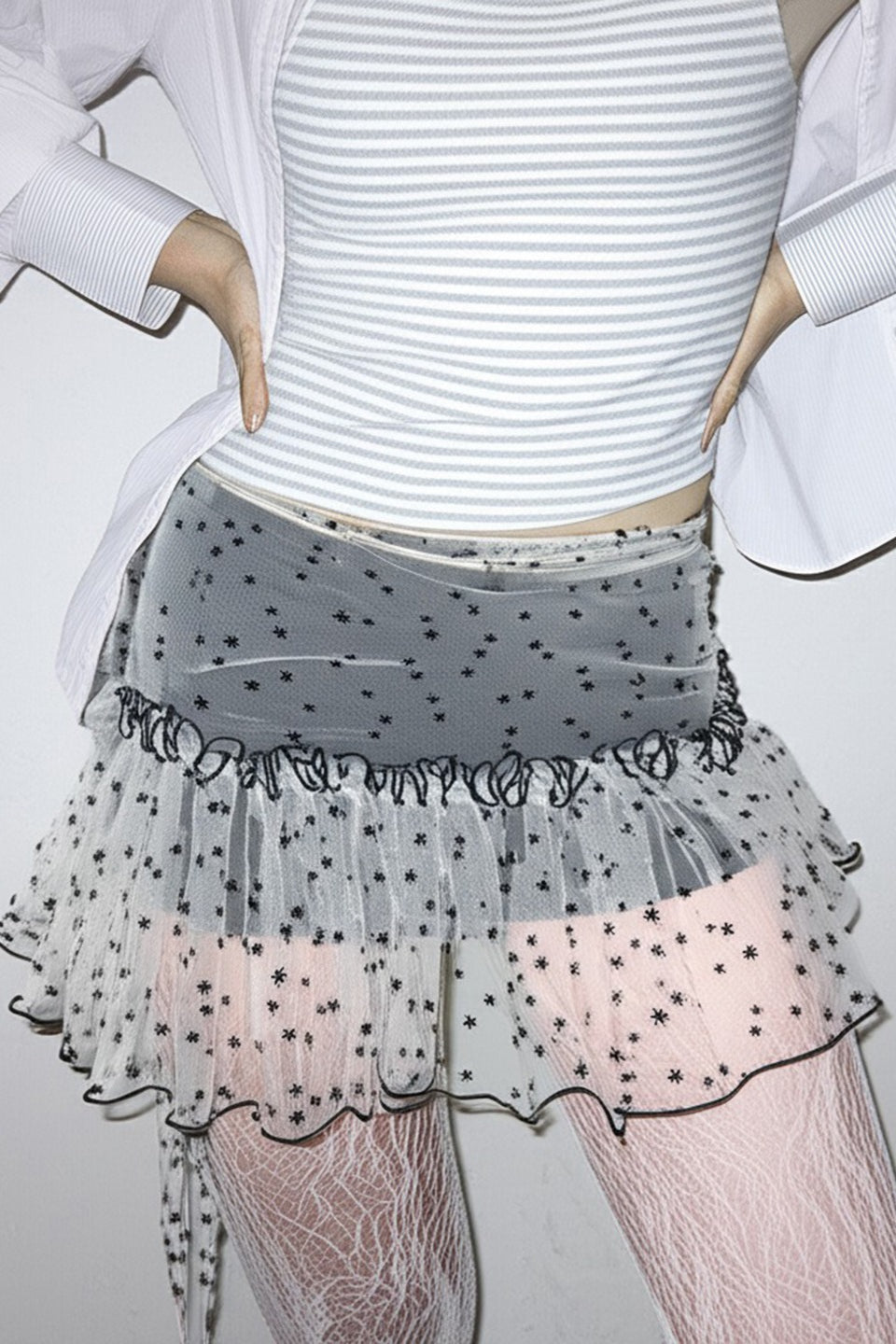 Starry Print Mesh Ruched Low-Rise A-Line Skirt