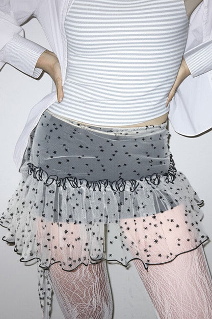 Starry Print Mesh Ruched Low-Rise A-Line Skirt
