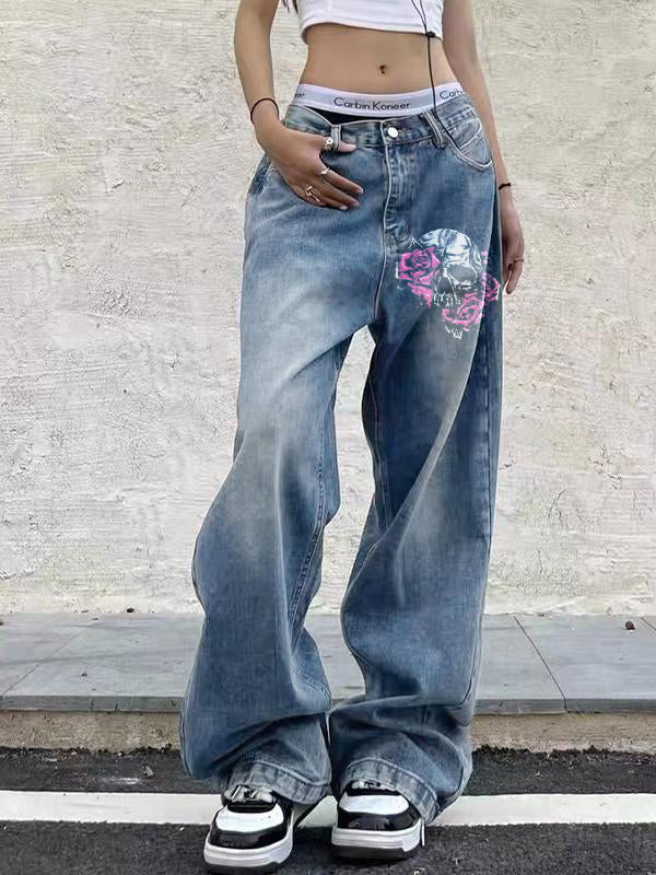 Skull Rose Print Vintage Blue Wide Leg Boyfriend Jeans
