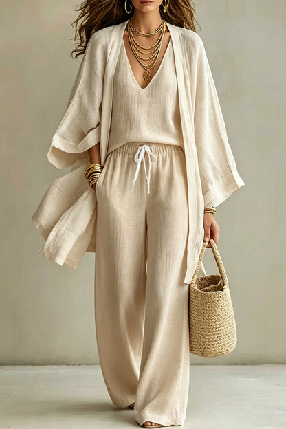 Linen Blend Solid Color Loose Cardigan V-neck Sleeveless Vest and Elastic Waist Pocket Straight Leg Pants Three-piece Set