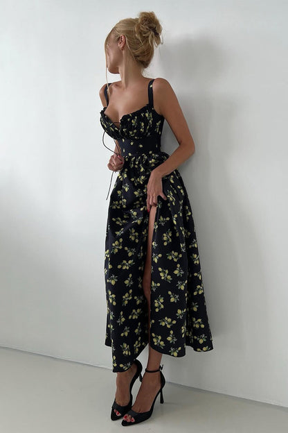 Floral Cami Tie High Waist Slit Midi Dress