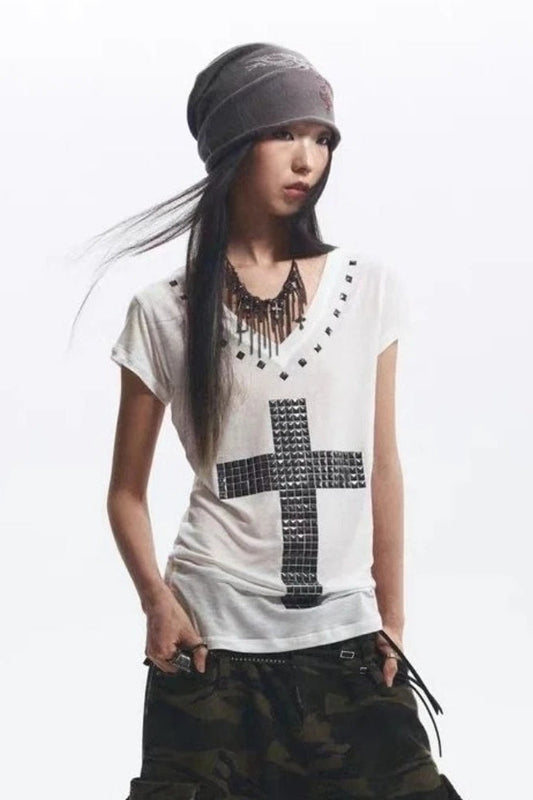 Foil Cross Loose V-Neck T-Shirt