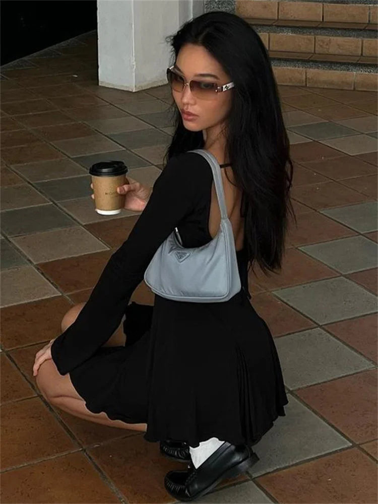Tossy Ruffled Lace-Up Backless Mini Dress For Women Long Sleeve Bandage Elegant High Waist Long Sleeve Dress New Solid Clothes