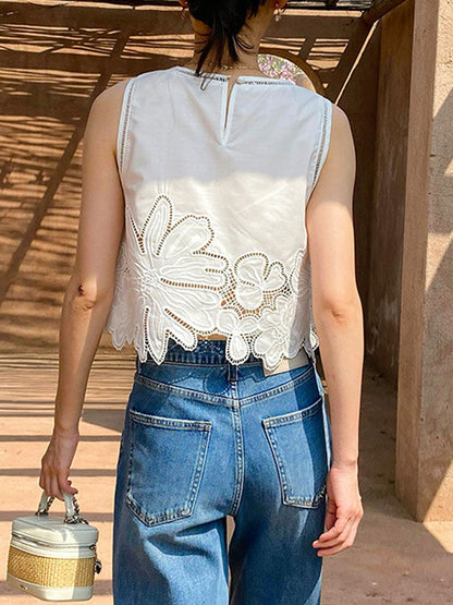 Maya Retro Crew Neck Hollowed Embroidered Vest