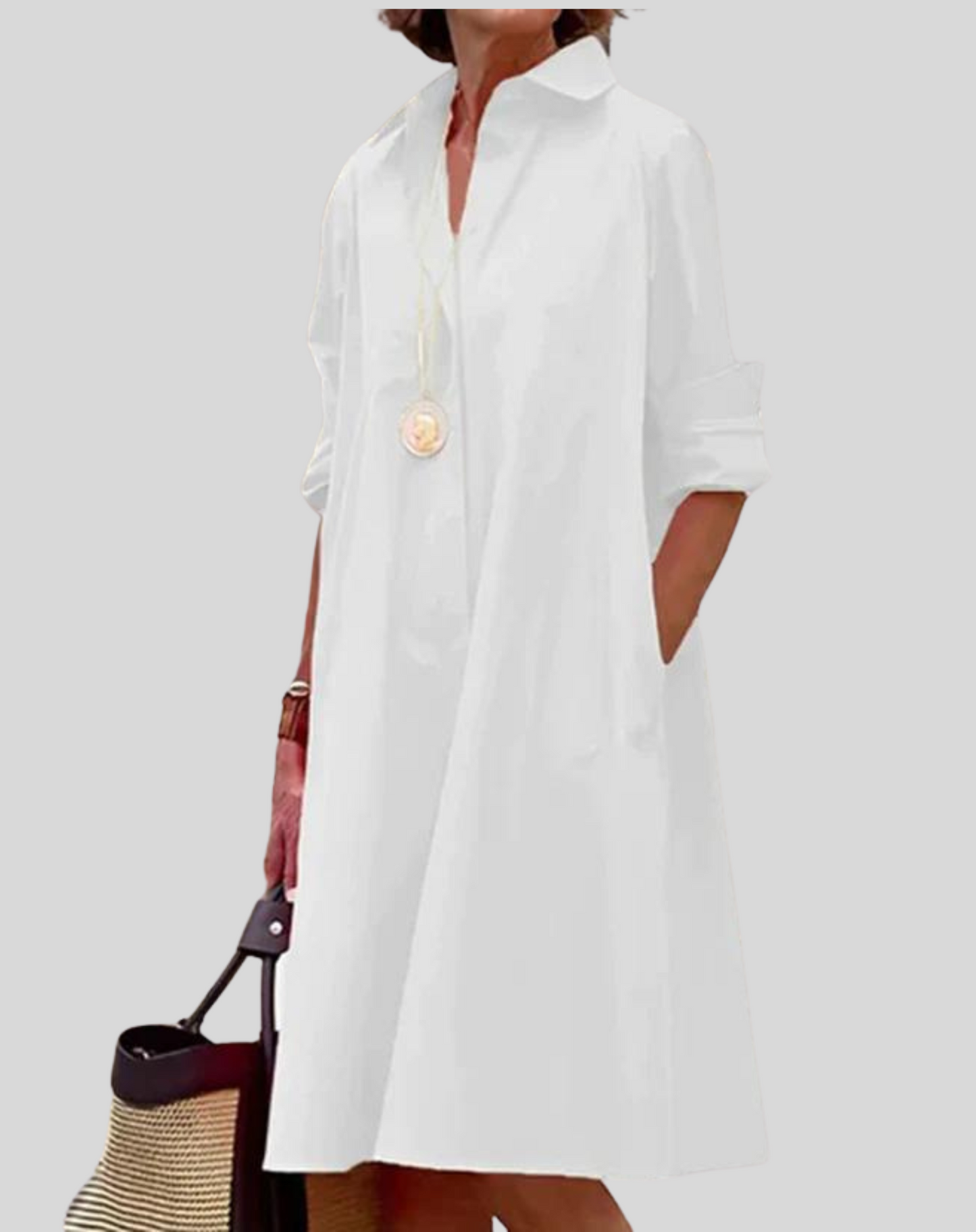 Vestido clásico de mujer con cuello y bolsillo abotonado | Ideal para primavera/verano