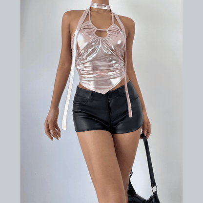 Metallic halter backless hollow out irregular ruched crop cut out top