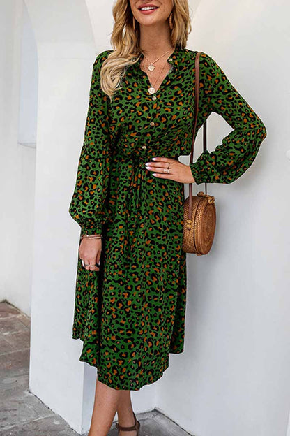 Leopard Print V-neck Elegant Midi Dress
