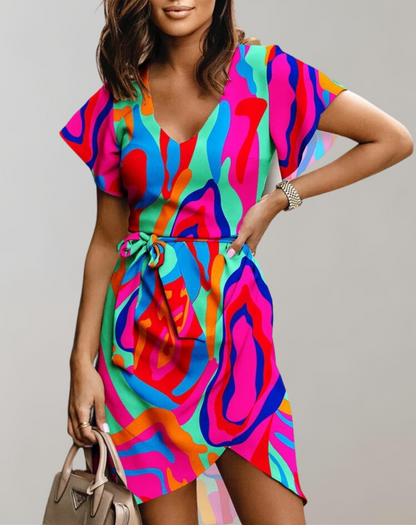 Vestido clásico de verano para mujer con escote en V, estampado vegetal y cinturón | Ideal para primavera/verano