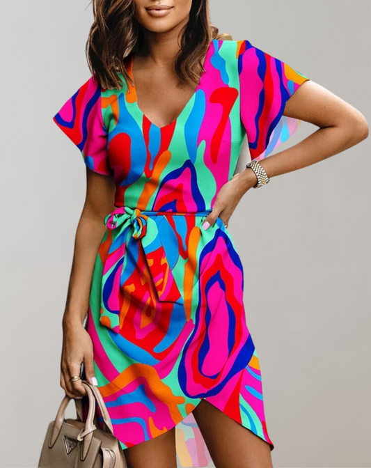 Vestido clásico de verano para mujer con escote en V, estampado vegetal y cinturón | Ideal para primavera/verano