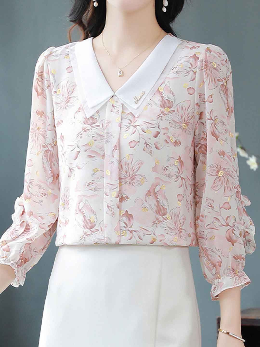 Molly Loose Doll Collar Auricular Floral Chiffon Top