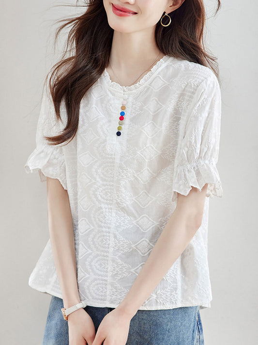 Khloe Loose Crew Neck Ruffle Sleeve Embroidered Top