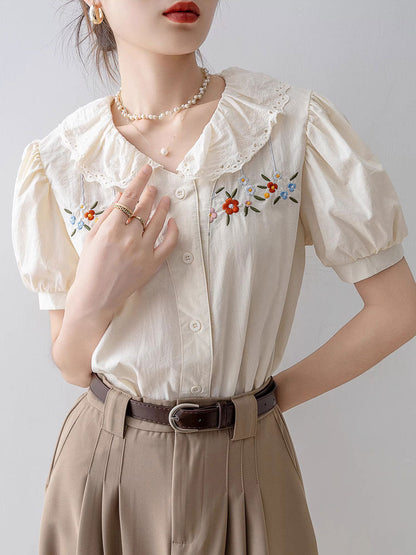 Melanie Retro Doll Collar Embroidered Lace Top