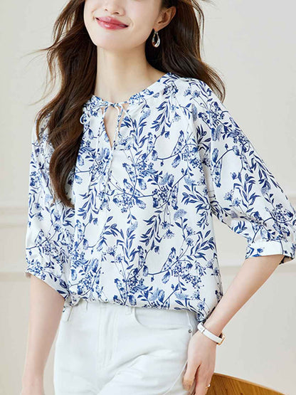 Natalie Loose V-Neck Printed Tie Top