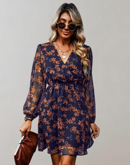 Elegante vestido midi de mujer con escote en V y estampado floral | Ideal para primavera/verano
