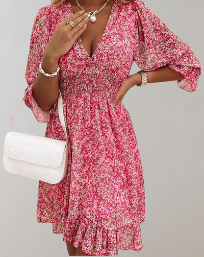 Vestido de verano clásico estampado con escote en V y manga corta para mujer | Ideal para primavera/verano