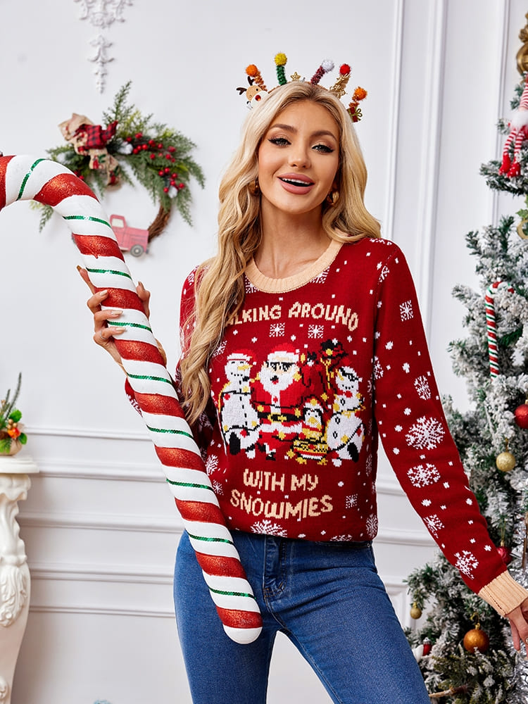 Suéter informal de cuello redondo bordado – Papá Noel y pingüino 