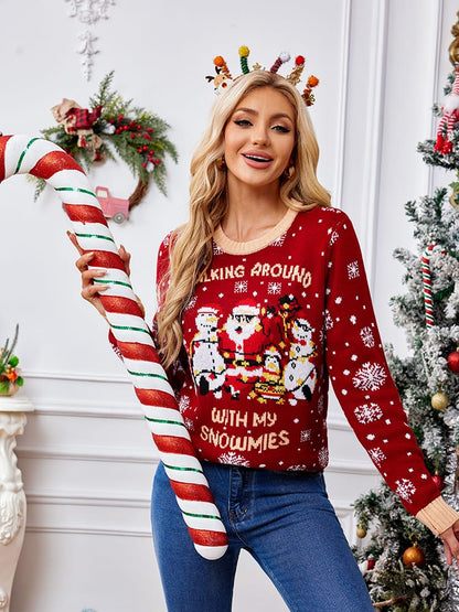 Suéter informal de cuello redondo bordado – Papá Noel y pingüino 