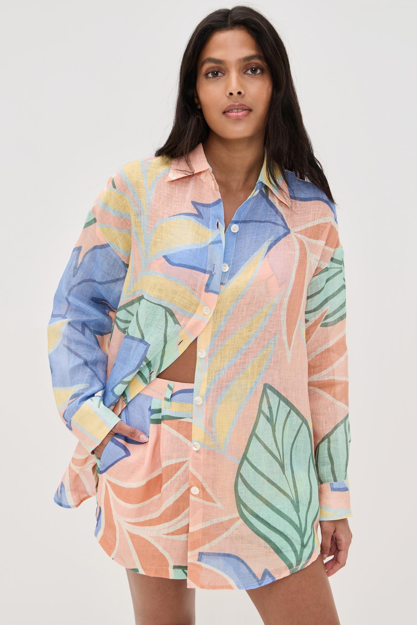 Playa Boyfriend Tropical Leaf Printed Short Set