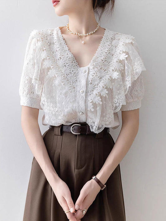 Kaylee Vintage V-Neck Solid Color Lace Blouse