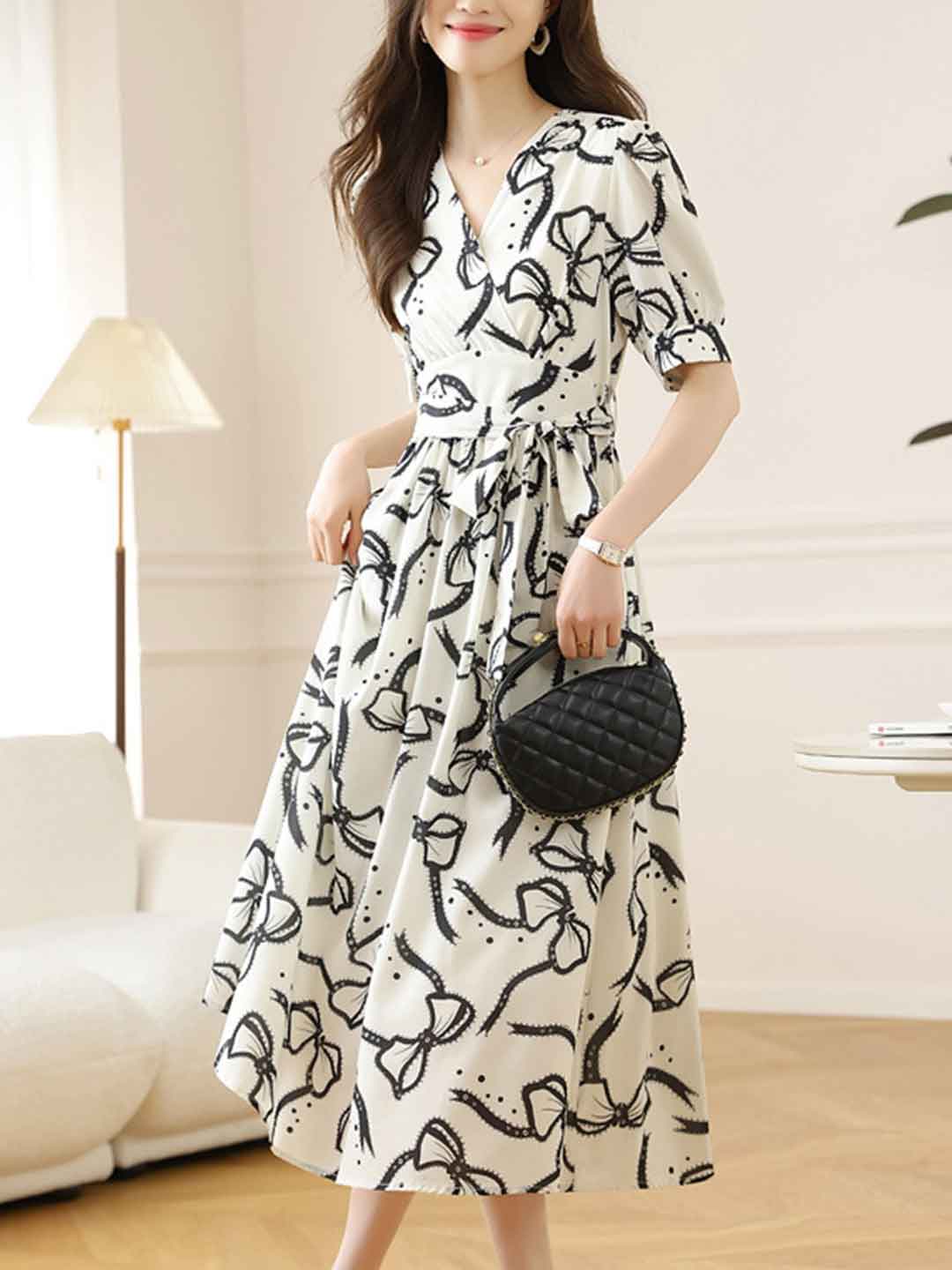 Katherine Elegant V-Neck Bow Tie Dress