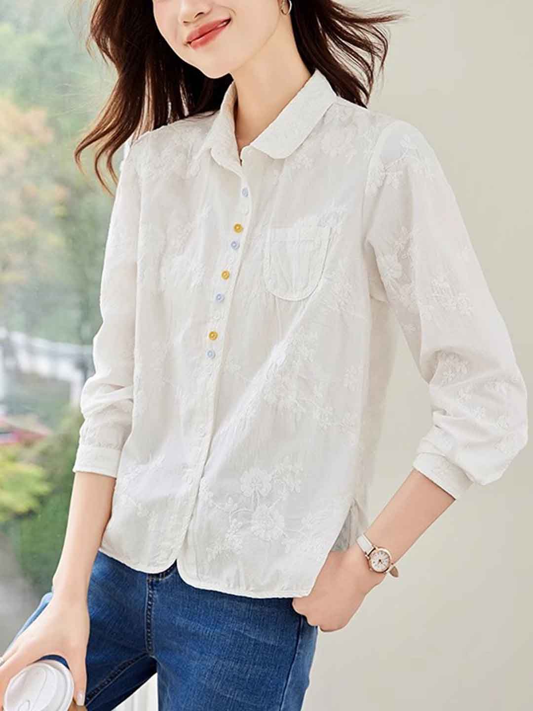 Molly Loose Lapel Solid Color Embroidered Shirt