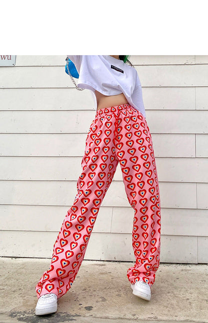 Heart Full Printed Long Straight Pink Pants