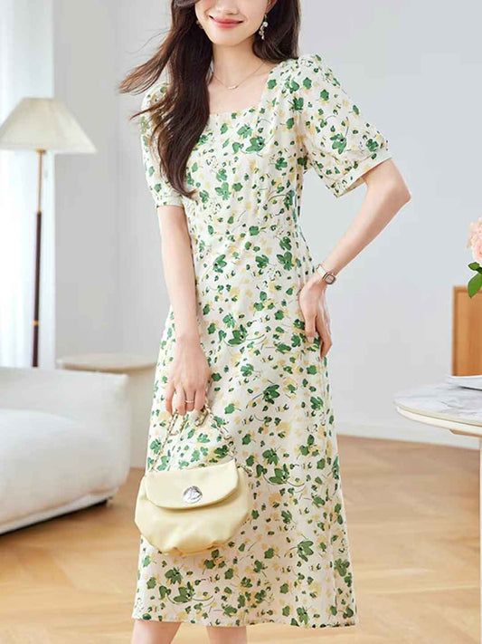 Isabelle Classic Square Neck Floral Chiffon Dress