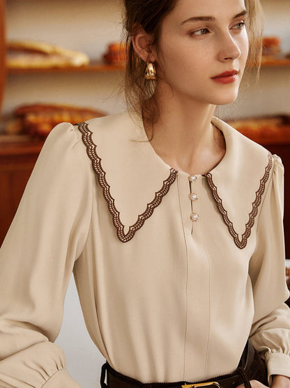Lauren French Style Embroidered Doll collar Chiffon Blouse